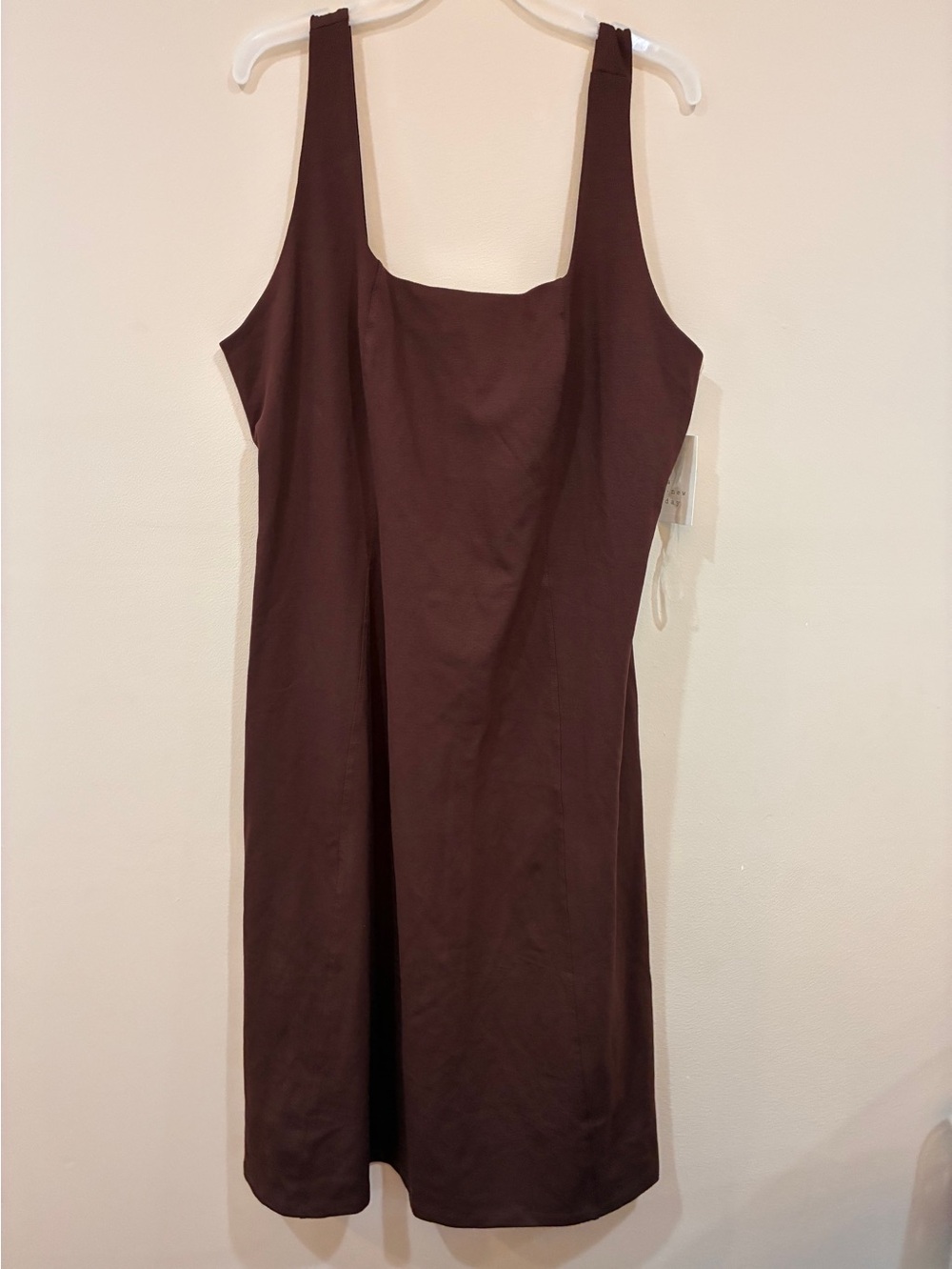 Soft stretchy Square neck A line Brown Sleeveless Midi Dress